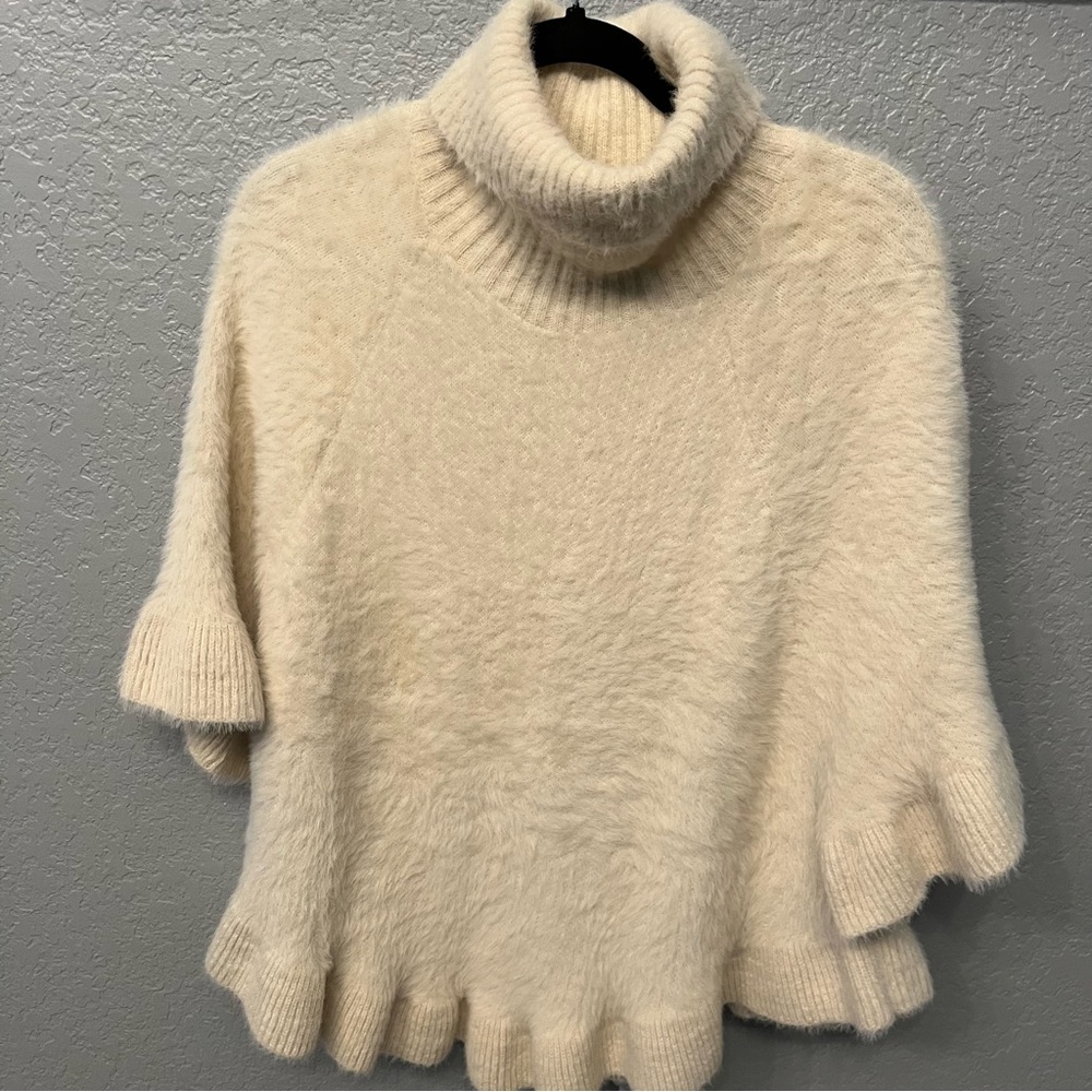 Akemi + Kin Falling Snow Fuzzy Ruffled Poncho Sweater One Size Anthropologie